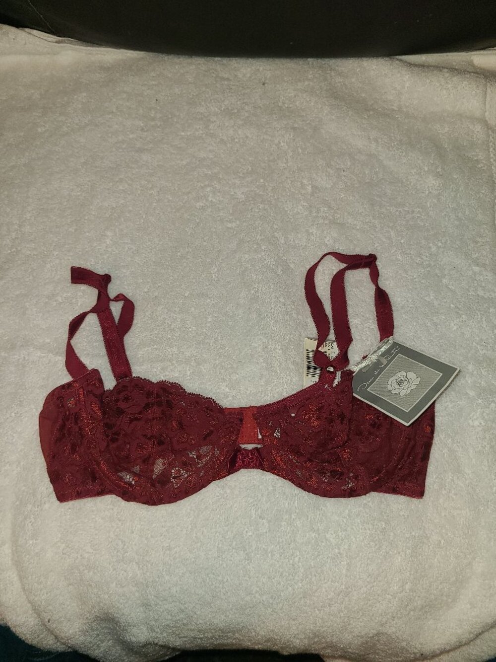 VTG NWT Oscar de la Renta Sheer Lace Bra Unpadded Underwire Union 34B Burgundy